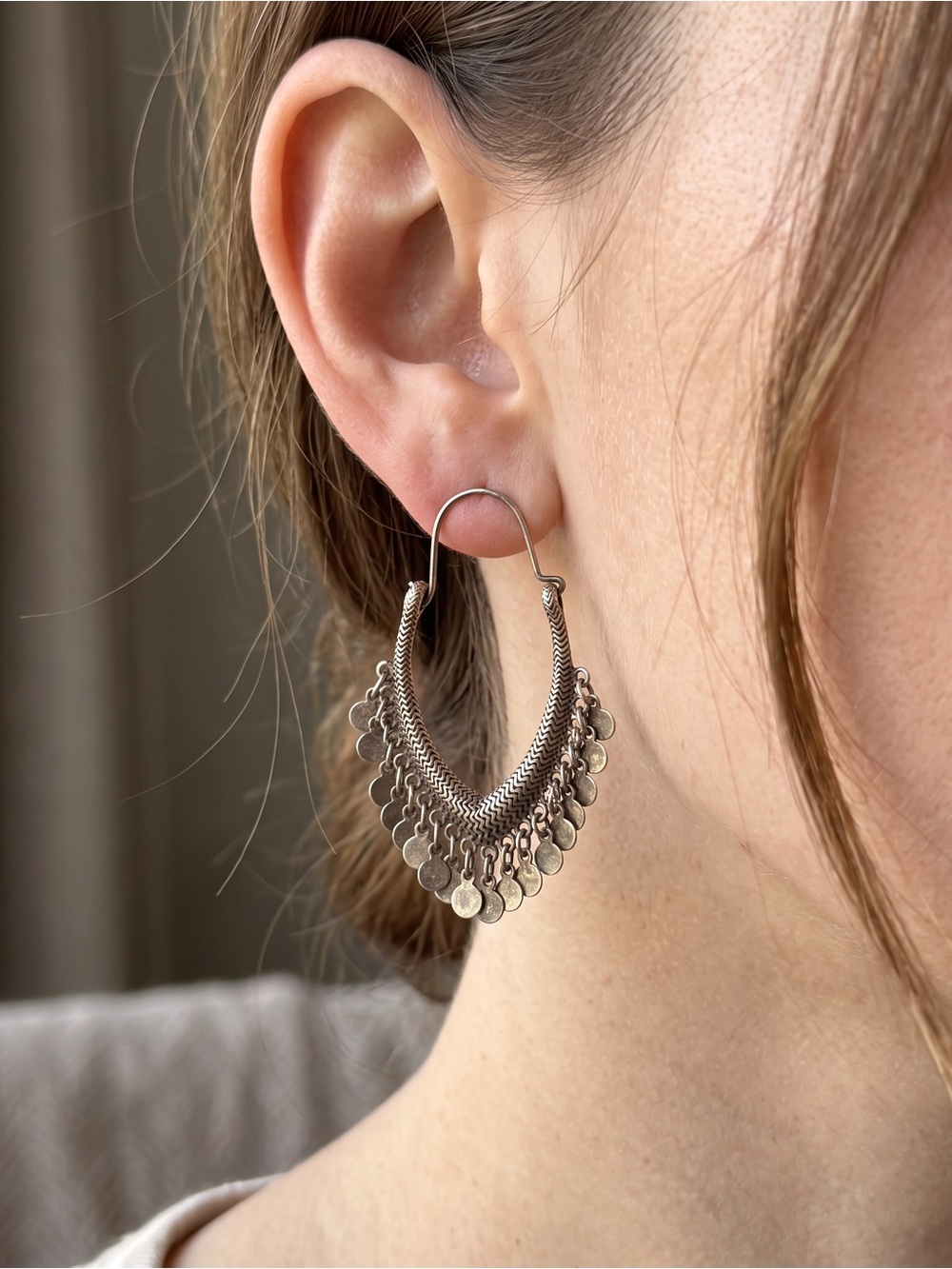Silver Tassel Coin Hoop Earrings